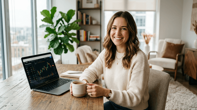 Junge Frau lernt investieren am Laptop